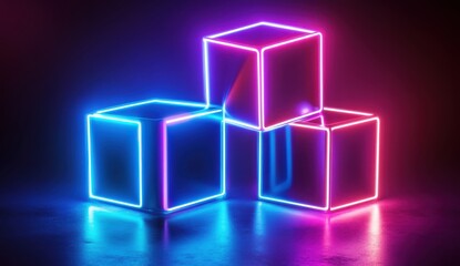 Three glowing neon cubes, two blue, one pink, on a reflective surface