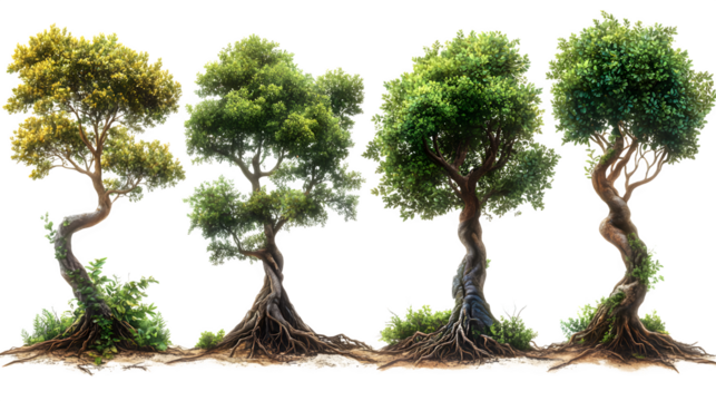 Lush mangrove tree set, realistic roots and branches isolated on white background