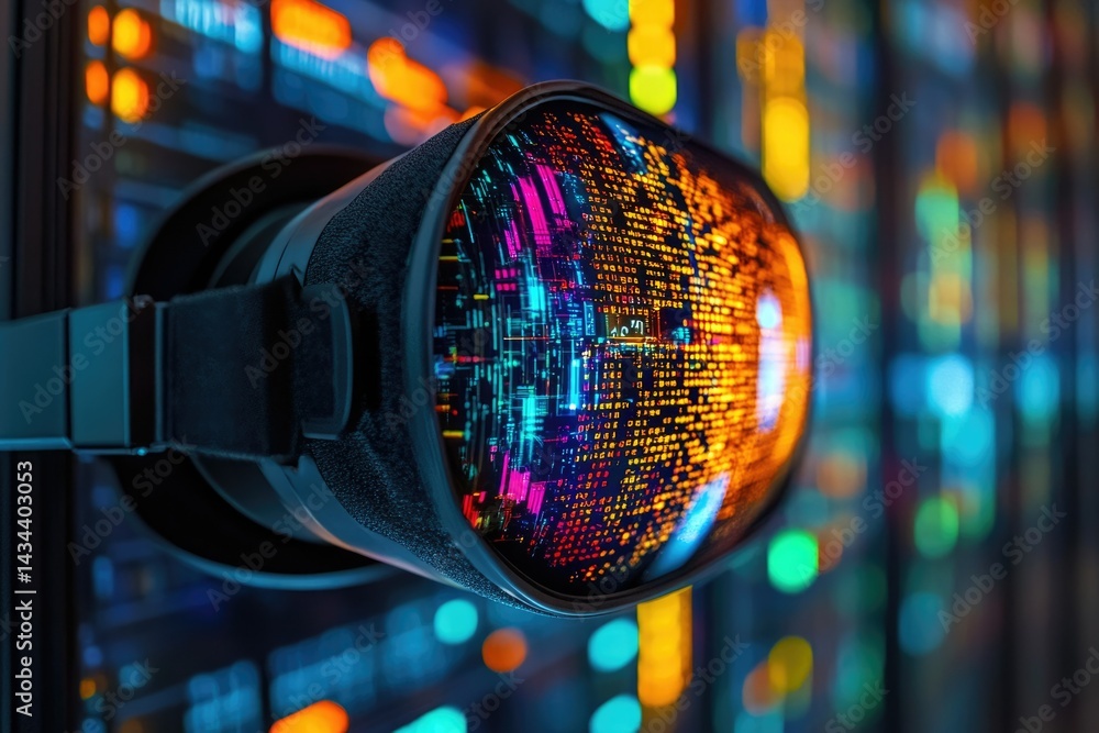 Leinwandbilder A VR headset displays colorful code, symbolizing immersive data visualization and the metaverse's potential in data analysis.
