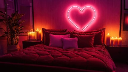 A romantic lighting arrangement with deep red velvet bedding, candles glowing warmly, and a neon heart-shaped sign casting a soft pink hue over the bed.