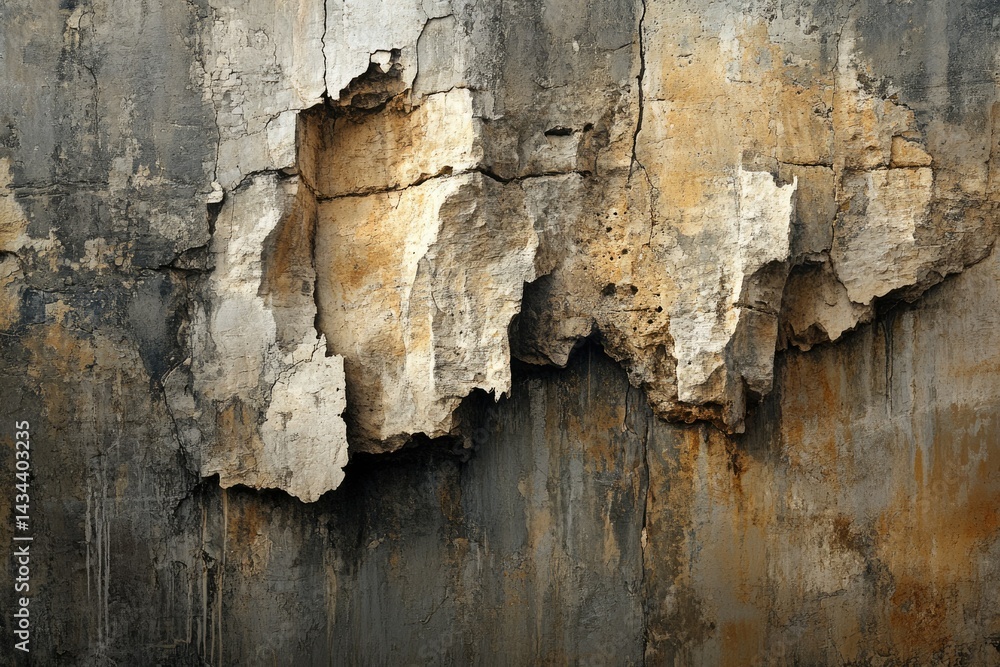 Aufkleber Severely weathered concrete wall with large chunks missing, showing significant erosion and discoloration.