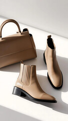 Modern Minimalist Flat Lay of Trendy Shoes and Matching Handbag with Soft Natural Lighting