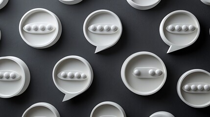 White speech bubbles with peas on dark background; communication concept