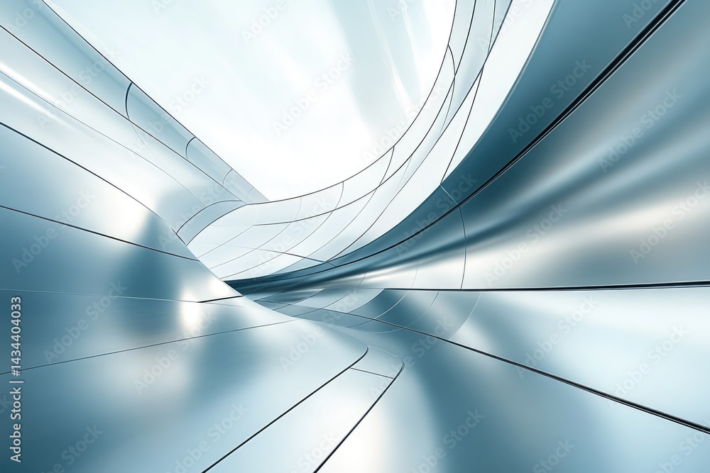 Poster abstract architectural rendering of a futuristic, metallic, curved structure.