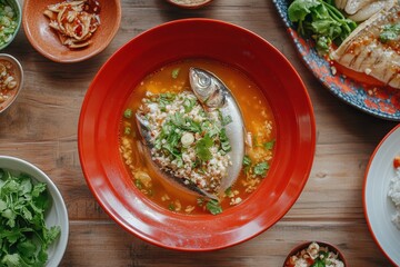Mackerel cooked in tamarind broth with garlic and chilies presented on a red plate Boil fish in salty water for 1 2 hours until bones soften
