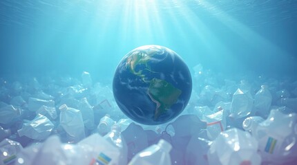 Fototapeta premium Earth Globe Surrounded by Plastic Waste Undersea Environment