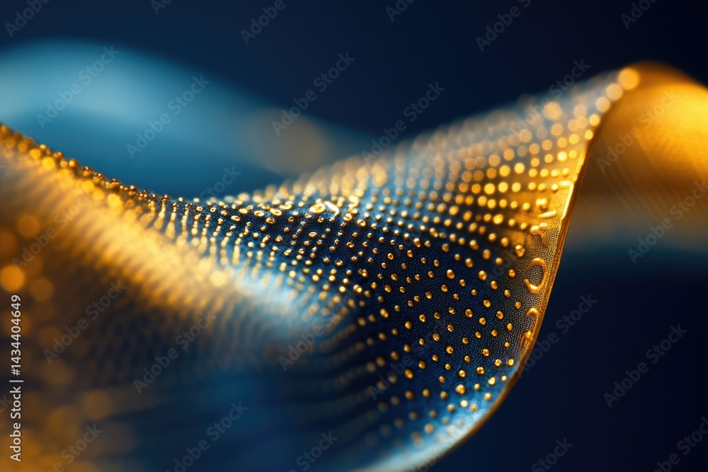 Poster abstract close-up of a textured surface with golden dots on a dark blue background, resembling a wav