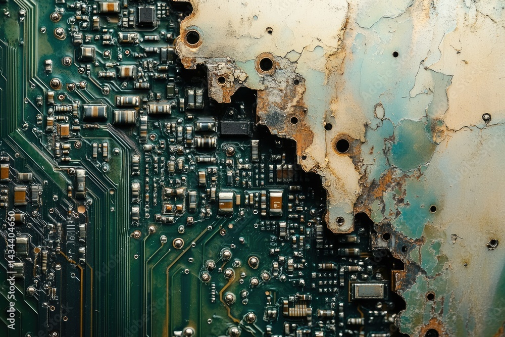 Aufkleber a close-up shot of a damaged circuit board, showing corrosion and decay alongside intact electronics