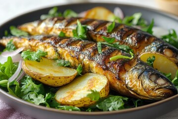 Mackerel with potatoes onions and greens