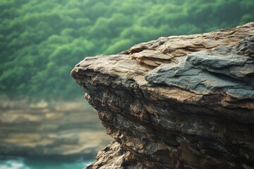 Fototapeta premium A rugged cliff edge overlooks a lush green forest and a tranquil ocean, showcasing nature's raw beauty.