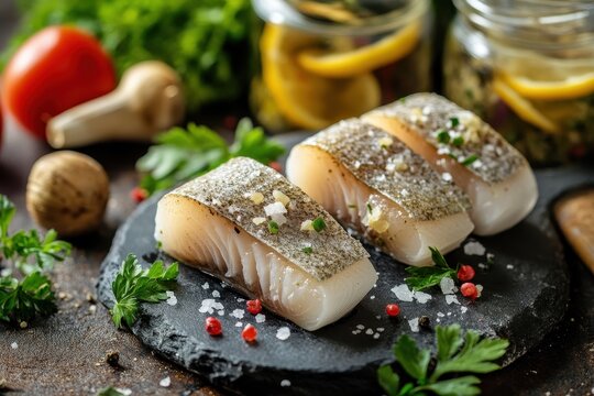 Made fresh salted herring on a stone board and herring salad in a jar