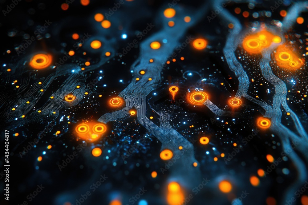Poster Abstract digital artwork depicting glowing circuitry and nodes, evoking concepts of technology and networks.