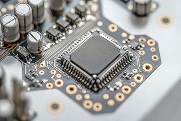 Close-up of a circuit board showcasing integrated circuits, capacitors, and other electronic components.