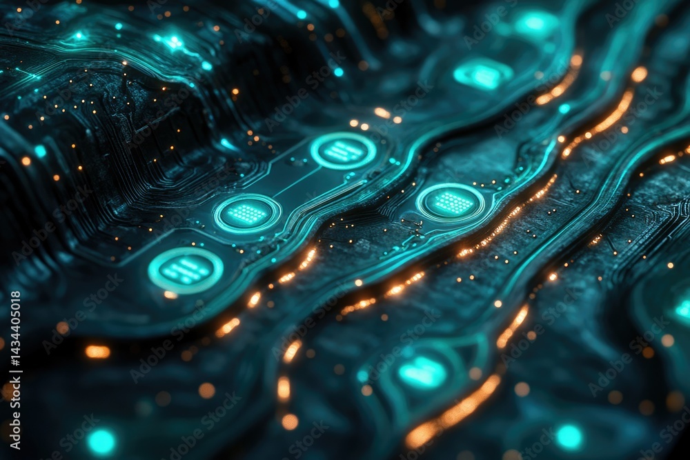 Poster abstract close-up of a futuristic, glowing circuit board with intricate, wavy design.