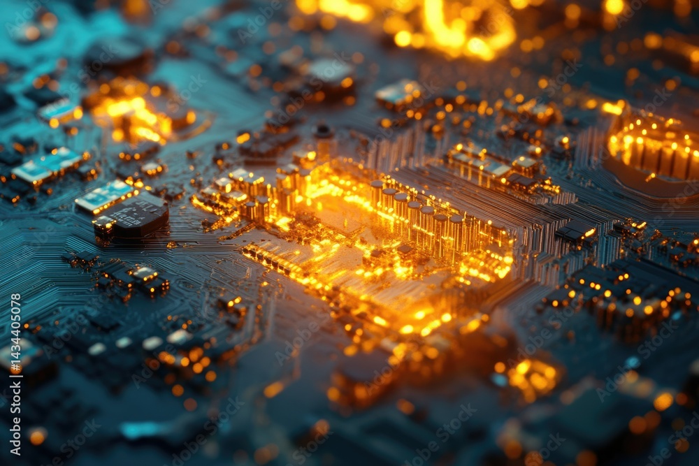 Fototapete close-up of illuminated circuit board showcasing intricate electronic components and pathways.