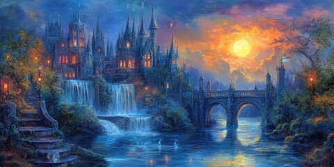 Fototapeta premium Enchanting fairytale castle at sunset, with a waterfall and bridge, under a magical moonlit sky.