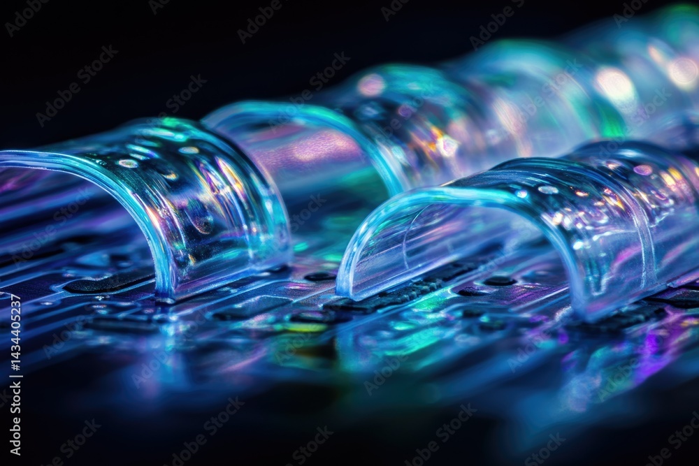 Poster close-up shot of iridescent transparent plastic connectors on a circuit board, illuminated with vibr