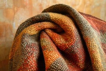 Close-up of a textured woolen throw blanket in autumnal colors, soft and warm.