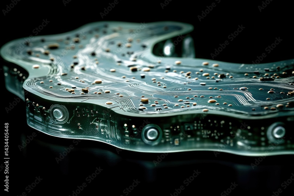 Poster Abstract image of a circuit board with a unique, wavy design, showcasing intricate technological details.