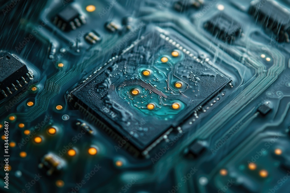 Aufkleber close-up of a wet circuit board showcasing intricate electronic components and pathways.