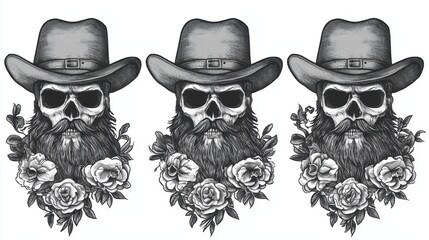 Stylish skull designs with cowboy hats and floral details for creative tattoo inspirations