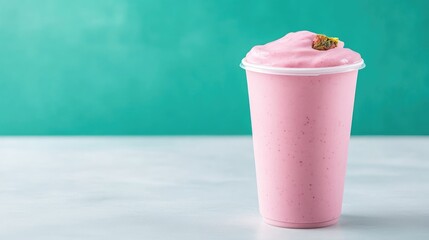 Strawberry Smoothie with Garnish, Clean Bright Style, High-Quality Studio Lighting, Side View Close-Up, Creamy Texture, Refreshing Beverage, Teal Background, Pink Sweet Mood, Ideal for Menu Design