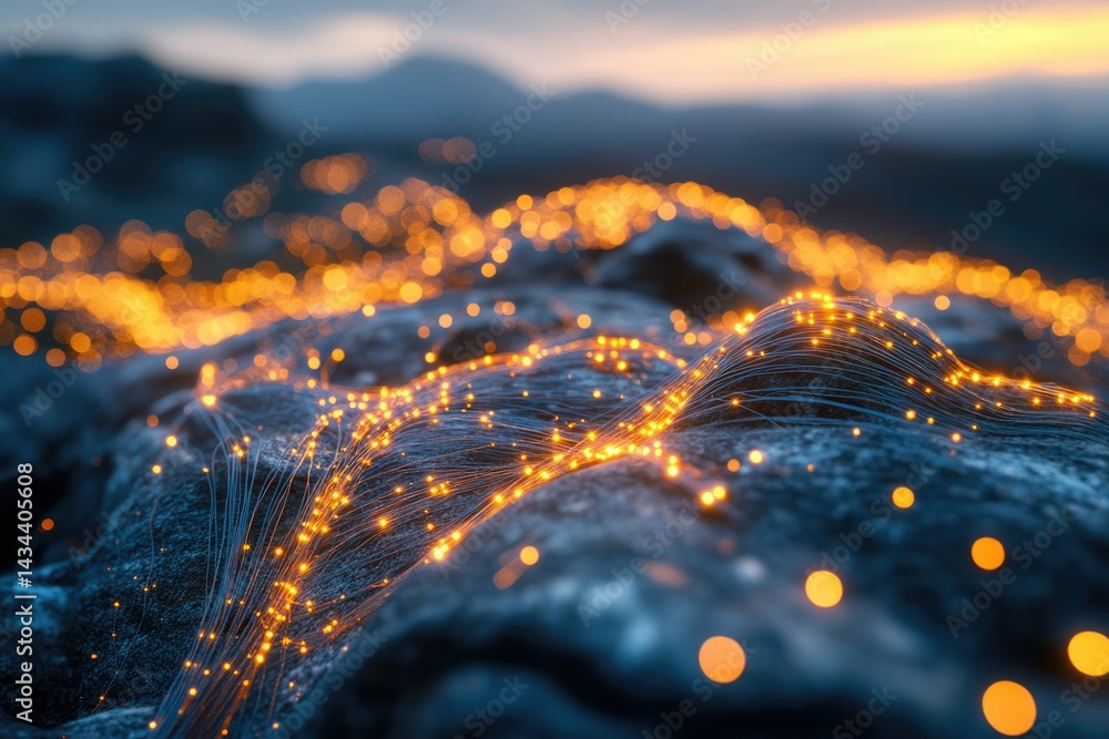 Poster Glowing network of lines and nodes forming a landscape at sunset, representing data flow and connectivity.