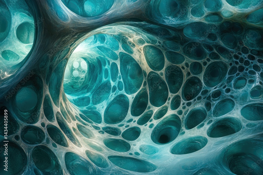 Poster abstract teal and beige organic cavernous structure with a glowing tunnel, intricate network of inte