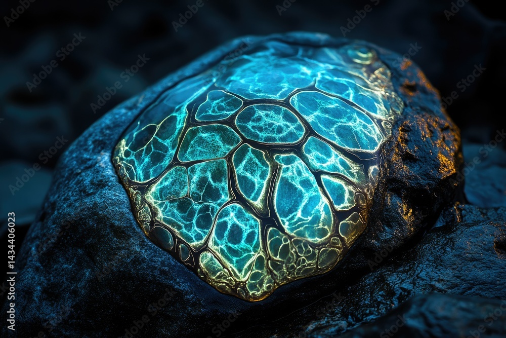 Aufkleber a glowing, bioluminescent pattern embedded in a dark rock, resembling a turtle shell.