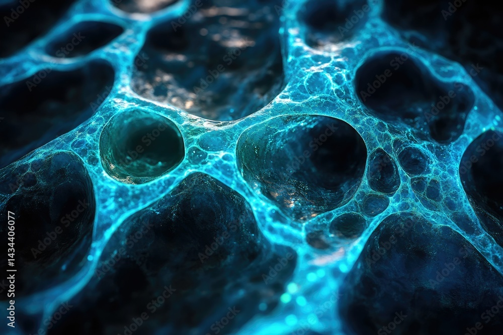 Poster close-up of a vibrant, bioluminescent, network-like structure with interconnected cavities.
