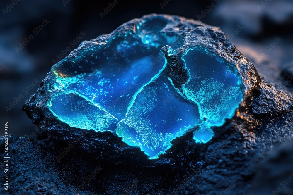 Poster glowing blue crystal embedded within a dark, rough rock, creating a striking contrast.