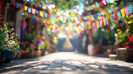Obraz premium Festive street with colorful banners and potted plants