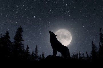 Majestic wolf in silhouette with moon in starry landscape  
