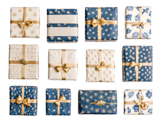 Elegant gift boxes with golden bows isolated on transparent background