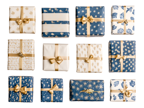 Elegant gift boxes with golden bows isolated on transparent background