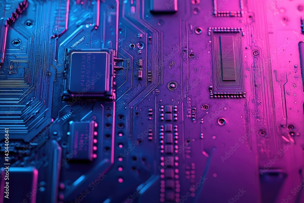 Poster close-up view of a circuit board with vibrant pink and blue neon lighting, showcasing intricate elec