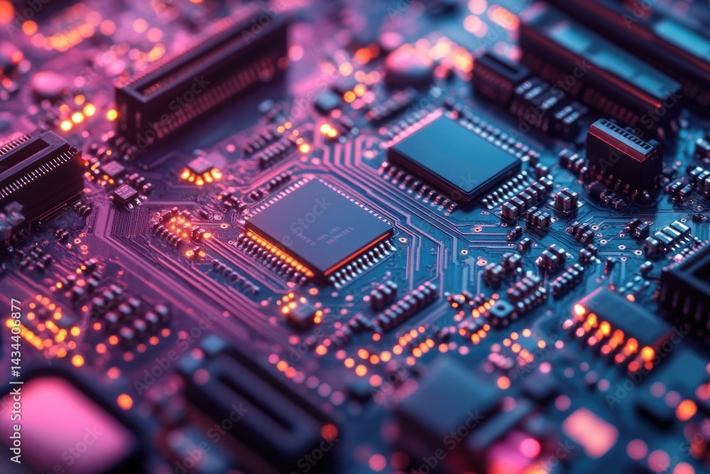 Poster Close-up of a circuit board with illuminated components, showcasing intricate electronic design and technology.