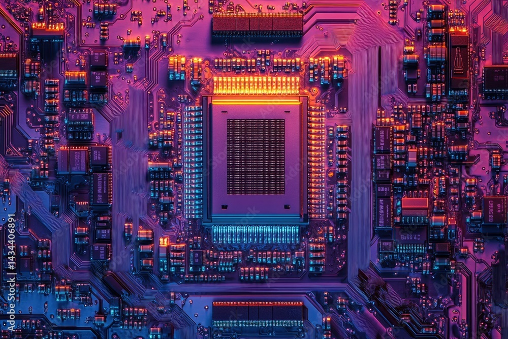 Aufkleber close-up of a vibrant purple and orange circuit board with a central processor, showcasing intricate