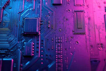 Close-up view of a circuit board with vibrant pink and blue neon lighting, showcasing intricate electronic components.