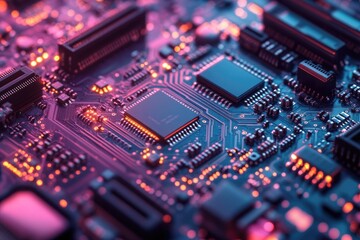Close-up of a circuit board with illuminated components, showcasing intricate electronic design and technology.