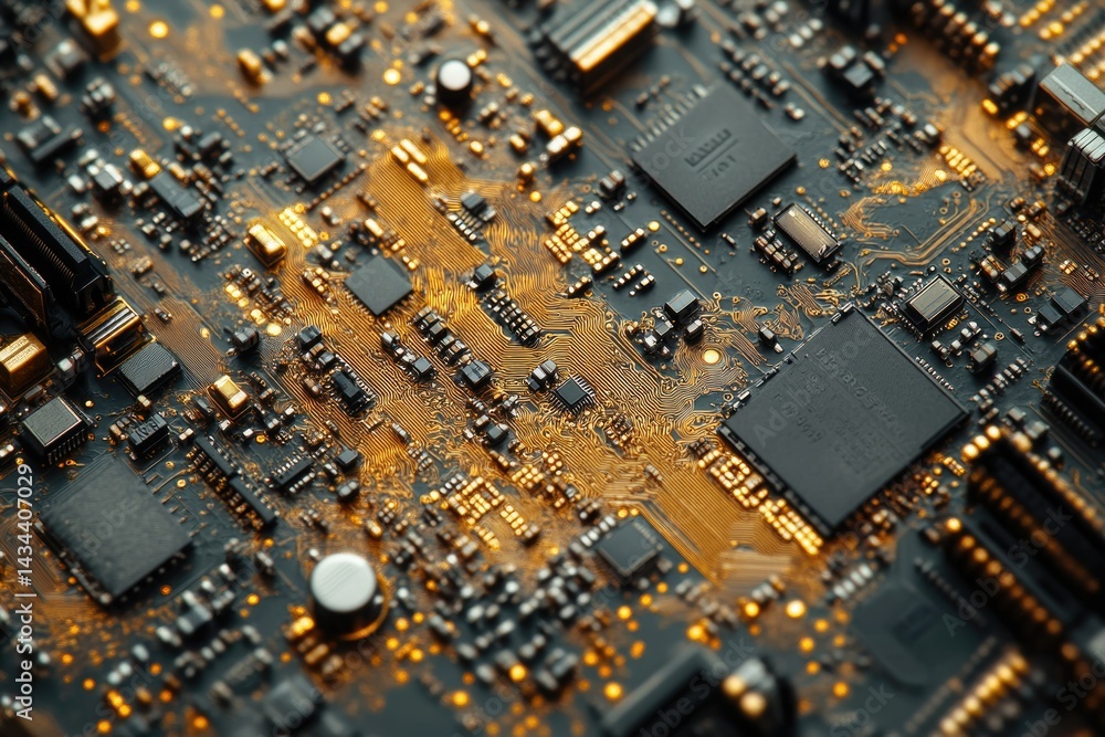 Aufkleber Close-up of a complex circuit board showcasing intricate electronic components and golden pathways.