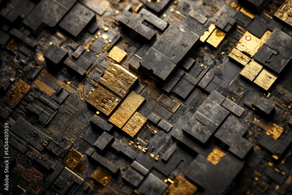 Poster abstract close-up of a dark, metallic circuit board with gold accents, showcasing intricate detail a