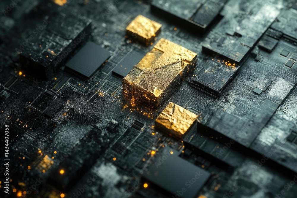 Poster abstract digital artwork depicting a futuristic circuit board with golden components, suggesting tec