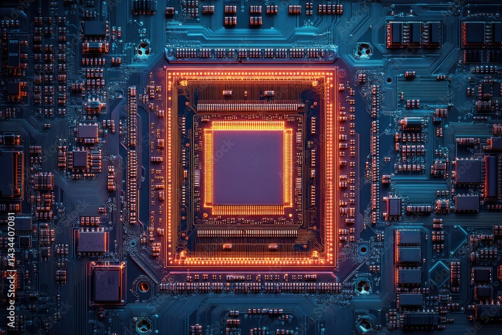 Poster Close-up of a circuit board with a central processor glowing orange, showcasing intricate technological details.