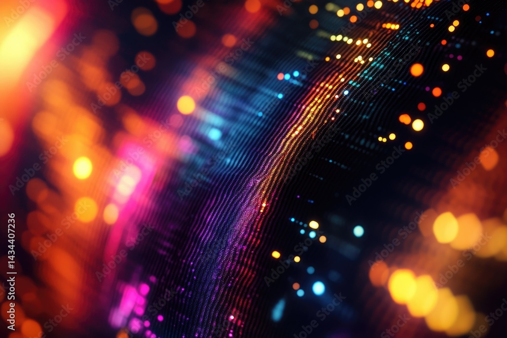 Poster abstract digital art depicting a vibrant, colorful, wavy particle field with bokeh lights.