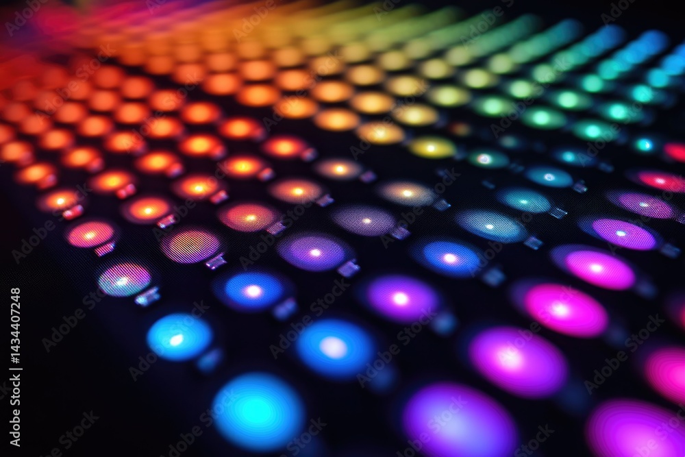 Poster A vibrant array of multicolored LED lights arranged in rows, creating a spectrum of color.