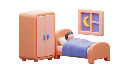 Isolated Cartoon Bedroom Scene with Person Sleeping at Night