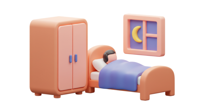 Isolated Cartoon Bedroom Scene with Person Sleeping at Night