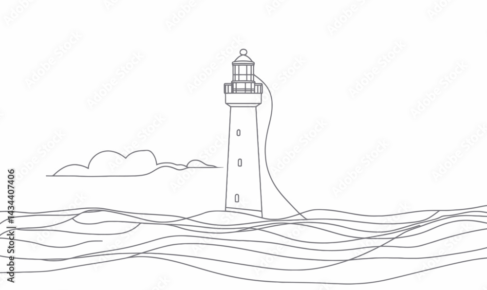 Poster minimalist one line drawing of lighthouse on ocean scenery in vector style