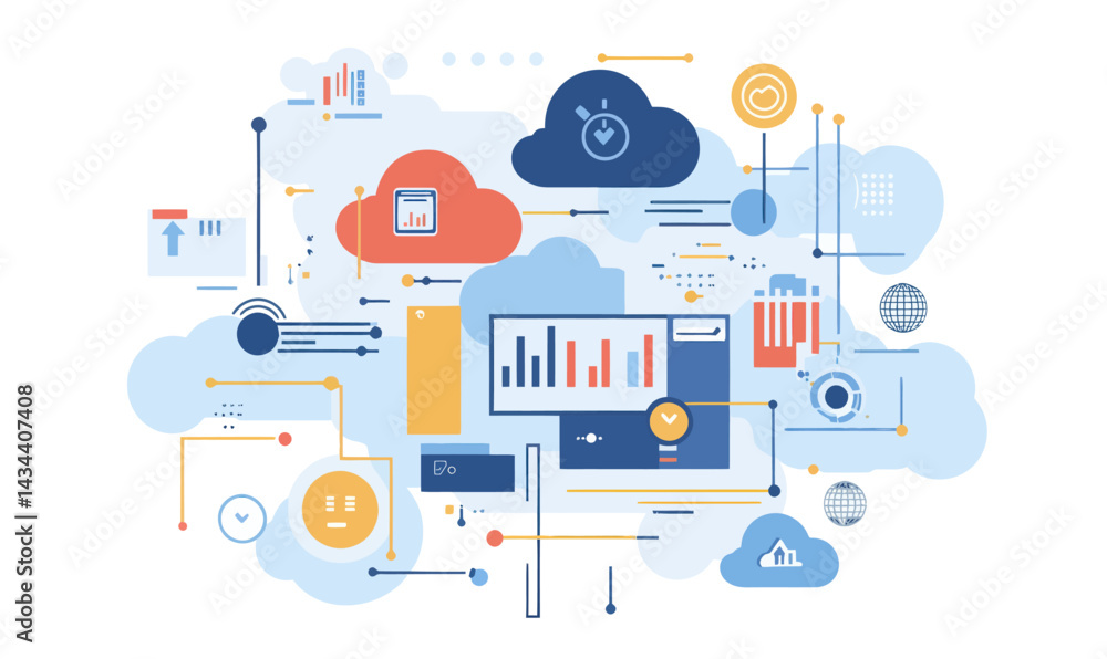 Aufkleber flat minimalist cloud data management and synchronization illustration with tools